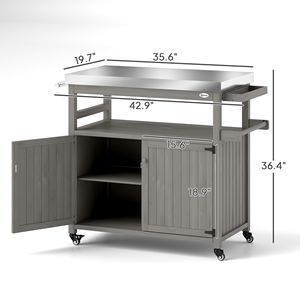 Carrello da Cucina per Esterni in Legno Massello con Piano in Acciaio Inox e Ruote, Armadietti Grigi, Carrello Resistente per Barbecue da Esterno - Product Image 3