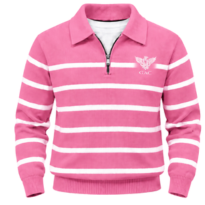 Pull-over à col zippé rayé rose pour femme, manches longues, tricoté, vêtements personnalisés en gros - Product Image 1