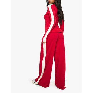 <b>Red</b> Wide Leg Sweatpants With Side Stripe Elastic Waist Drawstring Closure Casual Pants For <b>Women</b> - Product Image 4