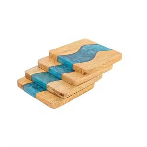 Sous-verres en bois et résine époxy bleue de luxe, design géométrique moderne, ensemble de sous-verres carrés pour la maison, le bar et la table - Product Image 4
