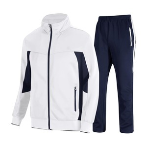 Conjunto Deportivo Unisex Blanco y Azul Marino con Bloques de Color, Cierre de Cremallera en Manga Larga, Cuello Alto, Pantalones Deportivos Transpirables para Otoño - Product Image 1