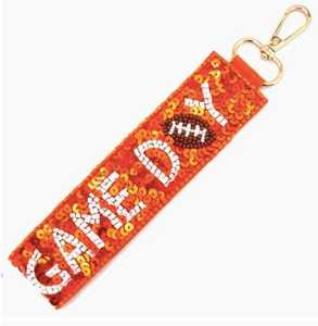 Sequin Orange Game Day Beaded Strap <b>Keyring</b> Glass Seed Bead <b>Football</b> Text Handbag Charm Backpack Accessories Lobster Clasp Key R - Product Image 1