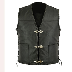 Gilet de motard en cuir véritable pour homme, sans col, couleur unie, longueur standard, avec décoration à rivets, vêtement d'extérieur pour l'automne - Product Image 1