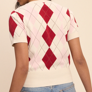 Cardigan à manches courtes pour femme, motif Argyle, col boutonné, 100% acrylique, style preppy, toutes saisons, coupe classique - Product Image 3