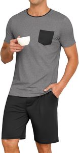 Ensemble de pyjama d'été pour homme, t-shirt gris à manches courtes avec poche, short noir, vêtements de nuit décontractés, vêtements de détente, coton respirant - Product Image 2