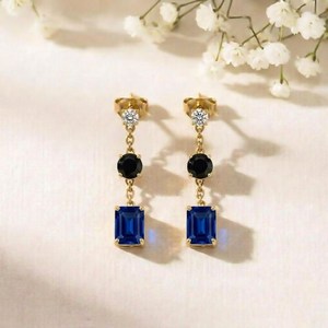 Sapphire Rectangle & Black Obsidian Round Drop <b>Earrings</b> Elegant Minimalist Gemstone Dangle <b>Stud</b> <b>Earrings</b> Handmade Jewelry Gift - Product Image 1