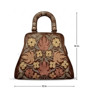กระเป๋าหูจับด้านบนปักลาย kashmiri crewel-หนังสีน้ำตาลเข้มพร้อม Monstera & Daisy - Product Image 3
