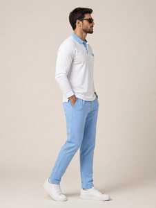 <b>Men's</b> <b>White</b> <b>Long</b> <b>Sleeve</b> Polo <b>Shirt</b> Blue Contrast Collar Pocket Smart Casual Top - Product Image 6