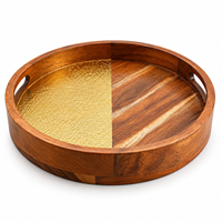 Plateau de service rond en bois naturel émaillé |   Plateau de table décoratif à accents dorés avec poignées découpées, ensemble de service pour la maison et la cuisine, idéal comme cadeau