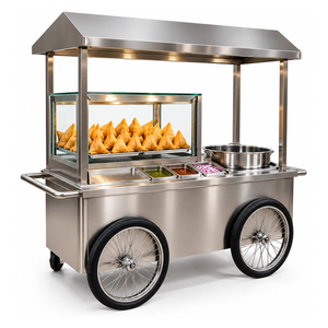 Chariot alimentaire à samosas en acier inoxydable à 3 roues avec vitrine en verre - Product Image 1