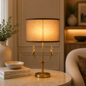 Lunar Arc Metal Table Lamp with Curved Frame White <b>Drum</b> <b>Shade</b> Matte Finish Stable Base Elegant Ambient <b>Lighting</b> - Product Image 5