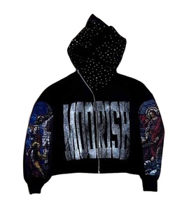 Sweat à capuche avec strass 100% coton Streetwear Full Zip up Vintage Hoodie Zipper Screen Printing Hoodie 500gsm French Terry - Product Image 1