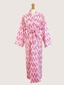 Bata Larga para Mujer, Estampado Geométrico Rosa, Manga Larga, Cuello en V, Suave, Informal, para Primavera, 100% Algodón Tejido - Product Image 1