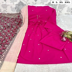 Good Quality Cotton 60-60 with Embroidery Butti A-Line Kurti-Matching Color Pant & Jaipuri Print Mul Dupatta Indian Supplier - Product Image 1