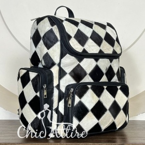 Designer Checkered Patchwork Pattern Genuine Cowhide <b>Leather</b> <b>Backpack</b> Western Style Luxury Manufacturing Bag Perfect for Unisex - Product Image 1