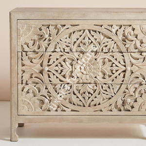 Luxury Handcrafted Solid Wood 3 <b>Drawer</b> Dresser Ornate Floral Mandala Carving Antique Natural Finish - Product Image 4