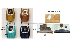 Conjunto de 2 piezas a juego al por mayor: Bolso bandolera de cuero genuino de vaca con flecos y cartera de cuero con pelo, estilo bohemio occidental. - Product Image 2
