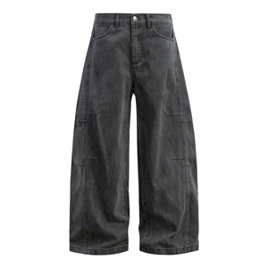 Pantalon cargo en jean taille haute coupe ample pour homme, style utilitaire en coton délavé, couleur unie, jambe large, idéal pour l'automne - Product Image 1