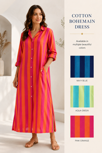 Custom Striped Printed Pure Cotton <b>Kaftan</b> Dress Women <b>Summer</b> Casual Boho Maxi Dress Long Sleeve Beach Wear Loose Fit Gown - Product Image 5