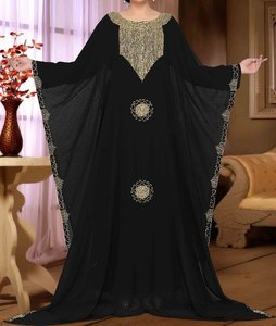 Abaya Azul con Cuentas, Cuello Alto, Talla Grande, Larga hasta el Suelo, para Mujer, Modesta, Manga Larga, Poliéster Sólido, Bordado, para Fiestas, Eventos Nocturnos y Uso Diario - Product Image 3