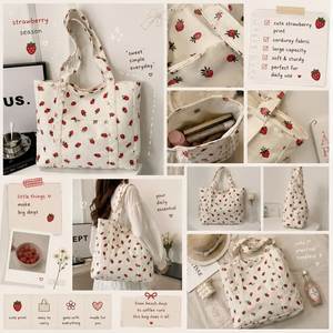 Bolso Tote de Pana con Estampado de Fresas, Bolso de Compras de Moda para Mujer, Estilo Abierto para Todas las Temporadas - Product Image 3