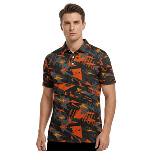 Men's Black <b>Orange</b> Geometric Pattern <b>Polo</b> Shirt Short Sleeve Casual Wear - Product Image 2