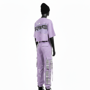 Conjunto de Pantalones Cargo y Top Corto de Felpa de Algodón Lavanda para Mujer, 270 GSM, Paneles de Patchwork a Cuadros, Estampado de Serigrafía, Logotipo Personalizado - Product Image 5