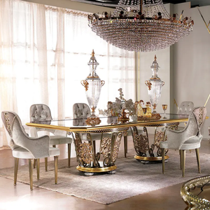 Juego de Comedor de Lujo Europeo, Mesa Rectangular para 8 Personas con Cubierta de Vidrio, Negro y Dorado, Artístico, Madera de Caoba Sólida, Muebles para Villa - Product Image 1