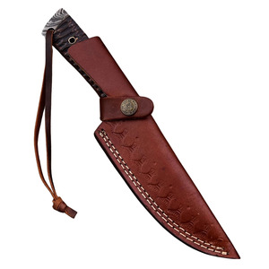 Couteau de chasse artisanal en acier Damas à lame pleine, manche en bois rainuré, étui en cuir, pour camping en extérieur, directement du fabricant - Product Image 5