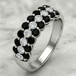 Superbe bague en or blanc massif 18 carats avec diamants noirs et blancs, taille ronde, pavé 3 rangs, alliance d'anniversaire, bijoux fins, vente en gros - Product Image 1