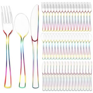 Ensemble de couverts jetables pour fête en plastique arc-en-ciel sans BPA, PP/PS, écologiques, recyclables, biodégradables, fourchettes, couteaux, cuillères robustes - Product Image 2