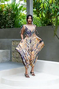 Mono informal para mujer, estilo caftán, con cuello en V, sin mangas, con tirantes, color marrón y amarillo, holgado, estilo caftán, para verano y playa - Product Image 5