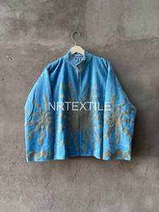 Blue Cotton Linen <b>Women</b> Jacket Mandarin Collar Gold Sunburst Embroidery Bohemian Loose Fit Spring <b>Coat</b> - Product Image 5