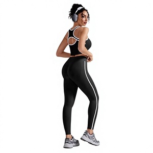 Women's 2 Piece Sporty Set Black Knitted Yoga Leggings Sports <b>Bra</b> With Side Stripe Breathable Full Length Skinny Fit - Product Image 3
