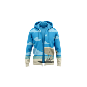 บริการผลิตเสื้อฮู้ดดี้แบบ OEM สำหรับผู้ชาย พร้อมโลโก้สั่งทำ ผ้าโพลีเอสเตอร์ฟลีซ พิมพ์ลายแบบ Sublimation ขายส่ง เสื้อฮู้ดดี้แบบมีซิป - Product Image 1