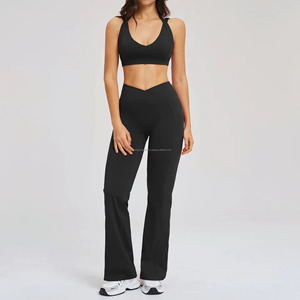 FONILBEST Women's 2 Piece Yoga <b>Set</b> Deep V Neck Racerback High Waist Full Length Solid <b>Colour</b> Activewear - Product Image 1