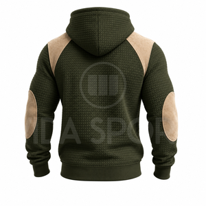 Ensemble de survêtement pour homme vert olive à capuche avec empiècements beiges, manches longues, tenue décontractée d'automne, pantalon uni à cordon de serrage - Product Image 3