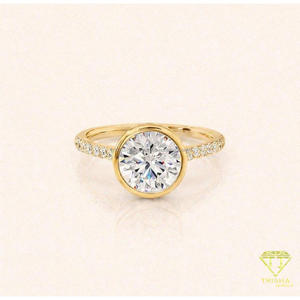 Anillo de compromiso con diamante cultivado en laboratorio de corte redondo y engaste de bisel en oro blanco de 14K con banda pavé, anillo de promesa minimalista para boda - Product Image 1