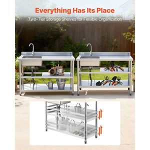 Lavello Commerciale Autoportante a Vasca Singola con Rubinetto da Cucina in Acciaio Inossidabile e Tubi per Acqua Calda e Fredda - Product Image 3