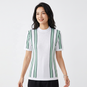 Men's Knitted Short Sleeve Striped T-Shirt O-Neck Casual Regular Fit White Green Patterned <b>Top</b> - Product Image 3