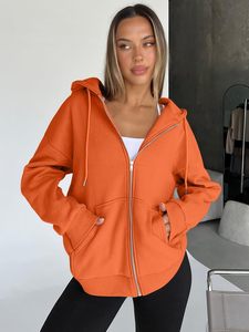 Sudadera con capucha naranja para mujer, con cremallera, manga larga, tejida, transpirable, holgada, de color liso, para otoño, con diseño de bolsillos - Product Image 1