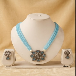 DIVYORO Women's Traditional TRIPLE-STRAND <b>BLUE</b> BEAD <b>NECKLACE</b> with FLORAL PENDANT Adjustable Length - Product Image 1