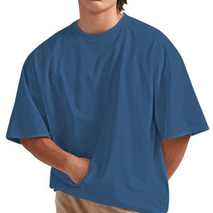 T-shirt homme surdimensionné bleu uni à manches courtes et col rond, 100 % coton jersey tricoté, coupe décontractée, longueur standard, coton épais - Product Image 1