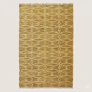Tapis géométrique Ocre Or Ivoire, tufté à la main, écologique, antidérapant, à poils moyens, motif losanges entrelacés, avec franges pour - Product Image 1