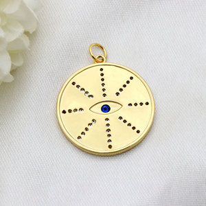 Pendentif Breloque Rond Œil Bleu en Argent Sterling 925 Plaqué Or avec Zircon, Vente en Gros Usine |   Accessoires pour la fabrication de bijoux - Product Image 5