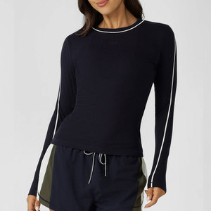 Solid Color Elastic Long Sleeve <b>Compression</b> Gym Shirt Women Muscle Fit Workout Tight Shirt Wide Neck Spandex/Polyester Fabric - Product Image 6