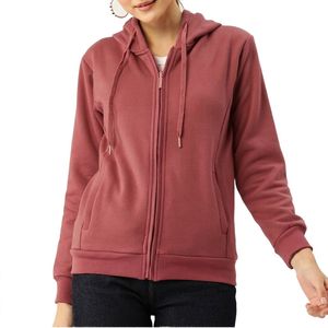Women's <b>Hooded</b> <b>Zip</b>-Up Sweatshirt Solid Color Polyester/Cotton Fleece Knitted Breathable Full Sleeve Winter Wear Regular Fit - Product Image 5