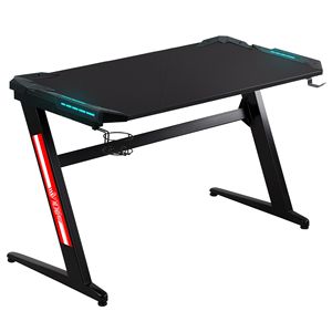 Scrivania da Gaming a Forma di Z Nera con LED, Struttura in Metallo e MDF, Copertura Angolare, Portabicchieri e Gancio per Cuffie per Sala Giochi - Product Image 1