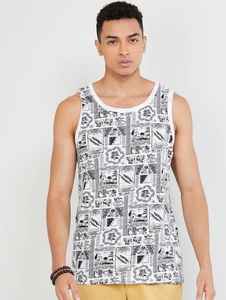 Camiseta sin mangas con estampado geométrico para hombre, cuello redondo, informal, transpirable, de algodón, con diseño blanco y gris - Product Image 4
