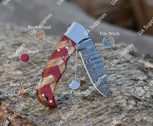 Couteau de poche pliant artisanal en acier Damas, lame Drop Point, manche en bois d'olivier, longueur totale 7,5 pouces, qualité industrielle - Product Image 5